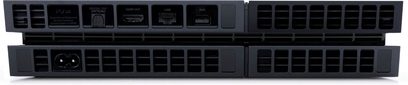 Sony PS4 500 GB sort konsol set forfra, med 4K Blu-ray-afspiller, HDMI-, optiske og USB-porte, tænd/sluk- og udskydningsknapper