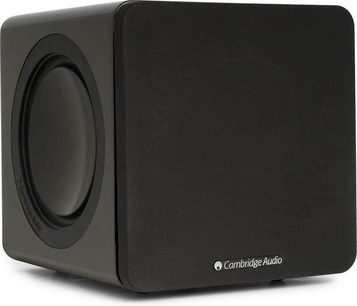 Cambridge Audio Minx X200 sort subwoofer, nærbillede forfra, kubisk form, central rund højttaler