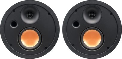 Set aus 2 schwarzen Klipsch SLM-5400-C Decken-Einbaulautsprechern mit sichtbaren Kupferlautsprechern