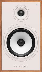 Front view of Triangle wireless connected speaker, black speaker, dome tweeter, light oak finish
