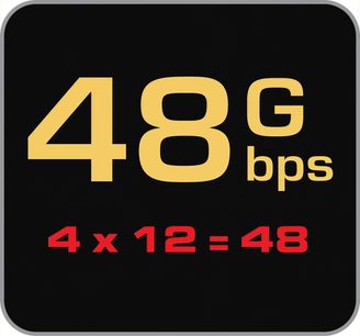 HDMI-Kabel Audioquest Forest 48Gbps 5m, gelbes Logo "48G bps" und "4 x 12 = 48" auf schwarzem Hintergrund, Frontansicht