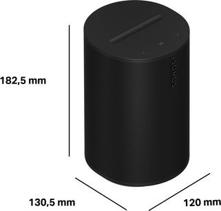 Boxă inteligentă Sonos Era 100 SL neagră cilindrică cu grilă perforată, comenzi tactile și dimensiuni indicate