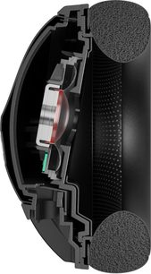 Sluten hi-fi-hörlurar Sennheiser HD 620S i genomskärning som visar de inre komponenterna och den svarta skummade öronkudden