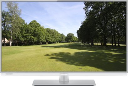 Panasonic TX-L32E6E tv-skærm, der viser en solbeskinnet park med græsplæne og træer