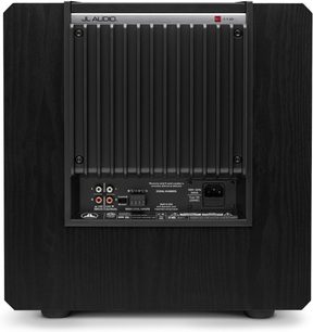 JL Audio E-Sub e112 siyah dişbudak subwoofer, önden görünüm, siyah ön panel ve metal ızgara, LED ekran