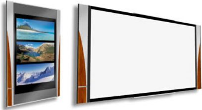 Projekcijas ekrāns "Design screen Paris 2" 234 x 132 cm, skats no priekšpuses, kurā redzamas 3 dabas ainavu attēli