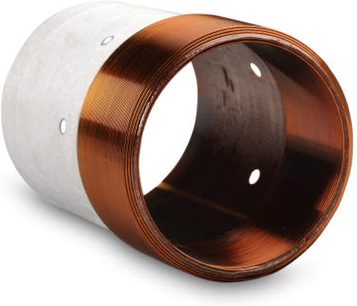 Velodyne DD-12+ sort subwoofer, 3/4 forsidefremvisning, cylindrisk form, kobberfarvet og hvid træfinish, sort gitter