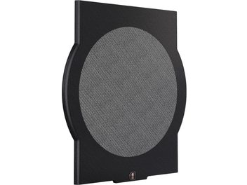 grilaj frontal Perlisten D12s, material textil acustic gri în centru, ramă neagră dreptunghiulară cu colțuri rotunjite, logo în partea de jos, vedere din unghi de trei sferturi
