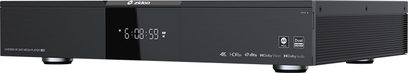 Zidoo UHD5000 Multimedia-Player schwarz, Frontansicht, blaue LED-Anzeige "6:08:59", Frontblende mit Tasten und USB-Anschlüssen