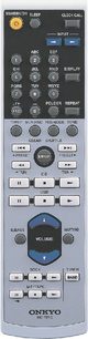 Grå Onkyo RC-721 fjernbetjening til Hi-Fi mini-anlæg CS-525, set forfra, med multifunktionsknapper og volumenkontrolhjul
