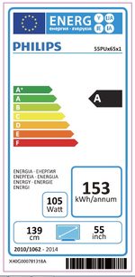 Europæisk energimærke for en Philips 55PUS6501 TV, klasse A, 153 kWh/år, 55 tommer, fra 2010 til 2014