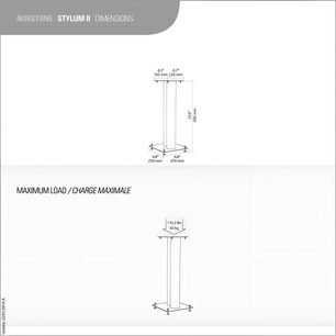 Norstone Stylum II musta saatina viimistletud kõlarijalgade mõõtmed on 600 mm kõrgus, 250 mm laius, 250 mm sügavus, maksimaalne kandevõime 50 kg