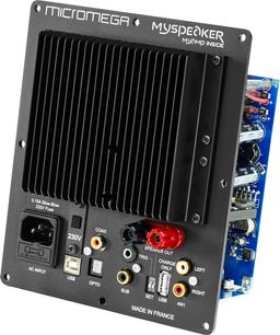 Micromega MySpeaker sort forstærker, bagside, audio- og strømtilslutninger, kontakter og indikatorer, fremstillet i Frankrig