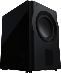 Perlisten R212s Subwoofer, angled view, black rectangular enclosure, circular speaker, perforated lower grille