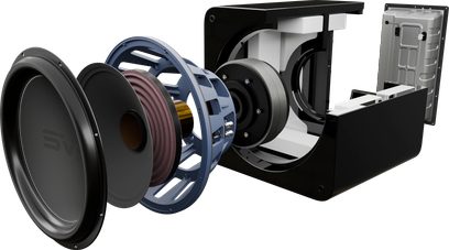 Caisson de grave SVS SB-5000 R|Evolution i eksploderet visning med sort gitter, blå ramme, kobberspole og sort kabinet