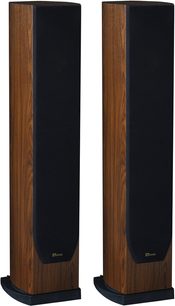 Sloupové reproduktory Davis Acoustics Vinci HD ořech, tmavé dřevo, černá čelní strana, viditelný tweeter a woofer, pohled zepředu