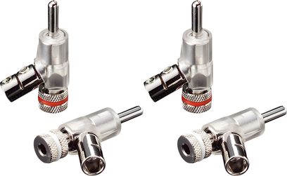 Set mit 4 abgewinkelten Furutech FP-202 (R) Bananensteckern, silberfarben, mit roten und weißen Ringen