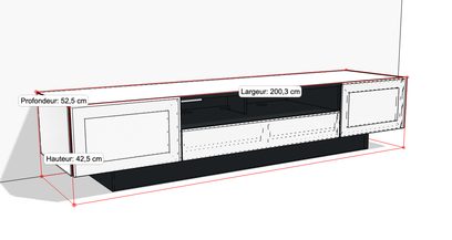Sort TV-møbel med 2 skydedøre, 2 nicher og 1 skuffe, mål L 200,3 x D 52,5 x H 42,5 cm