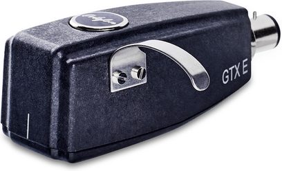 Pickup för hi-fi-skivspelare SPU GTX E, svart rektangulärt hölje, böjd metallarm, silverfärgad cylindrisk kontakt
