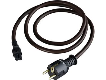 Real Cable PSKAP15 2,5 m uzunluğunda koyu kahverengi örgülü kılıflı şebeke güç kablosu, üstten görünüm, siyah Schuko fiş (altın kaplı pimler) ve siyah IEC C7 priz ile donatılmış