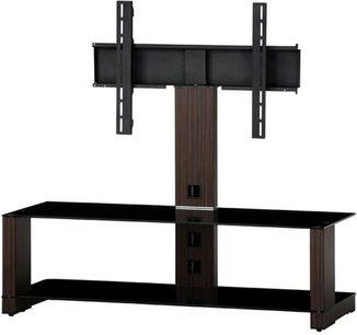 Sonorous MD4120 sort audio-/videomøbel, set forfra, med centralt TV-stativ, 2 sidehylder og mørkt træben