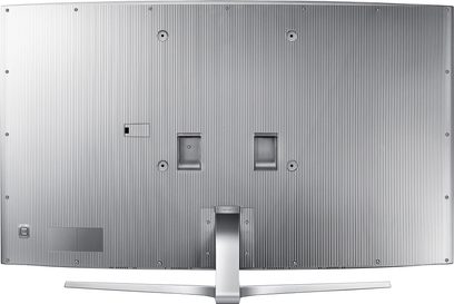 Samsung UE55JS9000 ultra-flad TV, set bagfra, med børstet metaloverflade, indfældede stik og sølvfarvet centralt fod