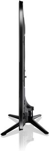 Samsung UE55ES6300 sort fladskærms-TV, set fra siden, på X-formet fod, slankt kabinet, afrundet base