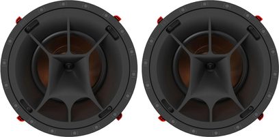 Set aus zwei schwarzen Klipsch PRO-180-RPC LCR-Decken-Einbaulautsprechern mit sichtbaren kupferfarbenen Membranen