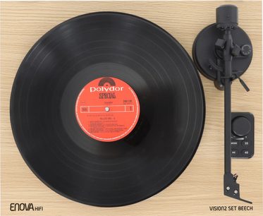 Hi-fi gramofon Enova HIFI Vision 2 SET Beech s črnim okroglim pladnjem, vinilno ploščo, črno ročico za branje in svetlim lesenim podstavkom