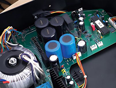 Nærbillede af indersiden af en sort Consonance Droplet CDP5.0 CD-afspiller, der viser de elektroniske komponenter på et grønt printplade