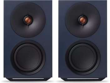 Coppia di diffusori attivi Cambridge Audio L/R M blu, vista frontale, cabinet rettangolare con doppio altoparlante