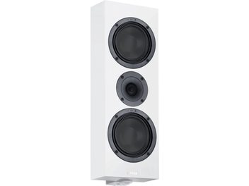 Canton GLE 15 PRO SS2 mat hvid væghøjttaler, set i trekvartprofil, front med to sorte woofere og centralt placeret diskant