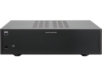 Amplificator de putere stereo NAD C298 negru, față neagră cu grilă, 24 de butoane pătrate, logo NAD în colțul stânga sus