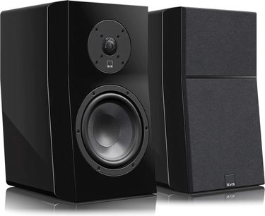 Knihovní reproduktory SVS Ultra Evolution Bookshelf v černém laku, pohled zepředu, viditelný výškový a basový reproduktor