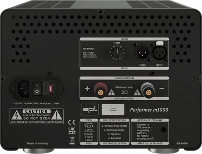 Amplificateur de puissance haute-fidélité Performer M1000 argent vu de dos avec connecteurs XLR, bornes de sortie haut-parleur et interrupteur