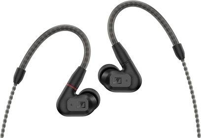 IE 200 in-ear hovedtelefoner, sort, 2 øretelefoner med grå snoede kabler, silikone ørepropper, set forfra