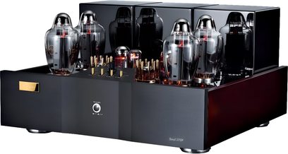Amplificatore di potenza a valvole Cayin Soul 170P, chassis in metallo nero, valvole in vetro, dettagli dorati, vista 3/4 anteriore