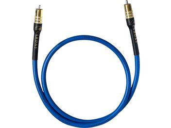 Cardas Clear Digital 1m digital coaxial kabel, blå, forgyldte RCA-stik, sorte hylstre med logo og tekst, set oppefra