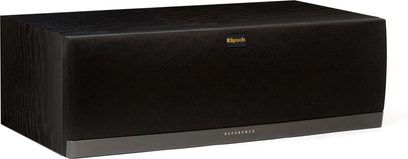 Klipsch RC-52 MkII sort centerkanal, set forfra, rektangulært træhøjttalerkabinet med sort gitter og gylden logo