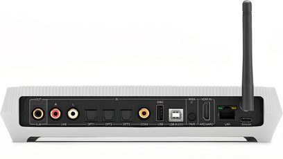 Verbonden luidspreker Triangle Capella 2 glanzend wit achteraanzicht met audio-aansluitingen HDMI LAN en antenne
