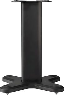 Monitor Audio ST-2 svart metallhögtalarstativ, sedd framifrån, med rektangulär mittpelare och stjärnformad bas med fyra armar utrustade med spikes