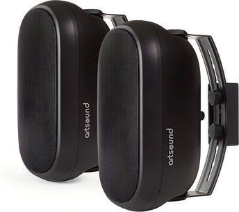 Juoda „ArtSound ASW800“ lauko kolonėlių pora su apvaliu metaliniu sieniniu laikikliu