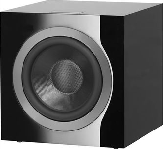 Bowers & Wilkins DB4S blankt sort subwoofer, tæt forfra, med sort rund højttaler i midten
