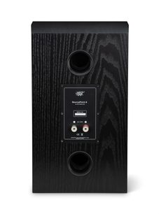 Enceinte bibliothèque Mofi Electronics SourcePoint 8 noire, vue arrière, coffret bois avec double évent et borniers