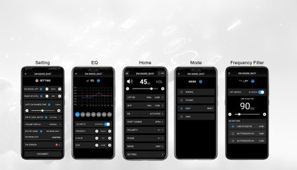 Mobilappinterface SW‑D6000 til avancerede lydindstillinger af EQ, lydstyrke, tilstande og frekvensfiltre på fem skærme