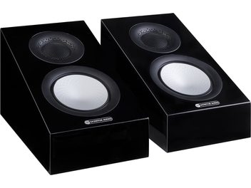 Divas Dolby Atmos Monitor Audio Silver AMS 7G melni lakoti skaļruņi, skats no augšas perspektīvā, augšējās virsmas