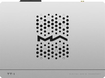 Matrix Audio TT-1 digitaler Transport in silberfarbenem Aluminium, Draufsicht, rechteckiges Gehäuse mit schwarzen runden Löchern in zentralem Zickzackmuster perforiert
