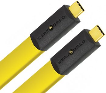 Żółte kable USB-C Wireworld Chroma 8 USB 3.1 widziane z góry, czarne złącza z napisem "Wireworld"