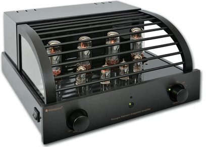 PrimaLuna ProLogue Premium KT-88 sort hi-fi stereoforstærker, frontvisning, sort gitter, 12 rør, 2 sølvfarvede drejeknapper