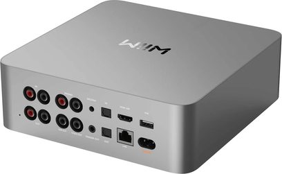 Omrežni avdio predvajalnik WiiM Ultra silver s srebrnim pravokotnim ohišjem, zvočnimi priključki in vidnimi priključki na zadnji strani